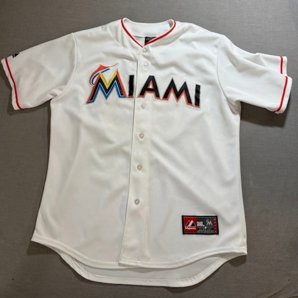 Miami Marlins MLB Majestic Baseball Racicot #65 Jersey White Mens L Short Sleeve
